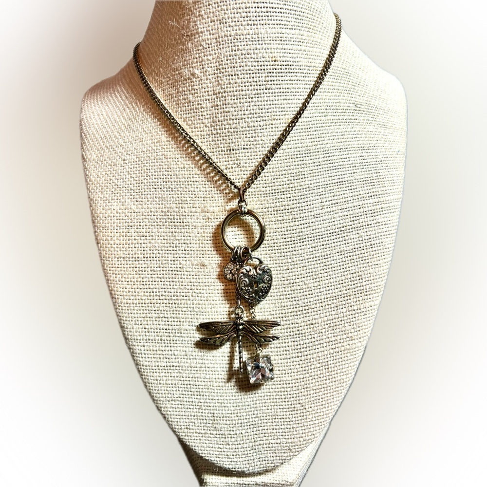 Dragonfly, Crystal and Heart Charm Pendants on 28” Goldtone Chain 3” Extender